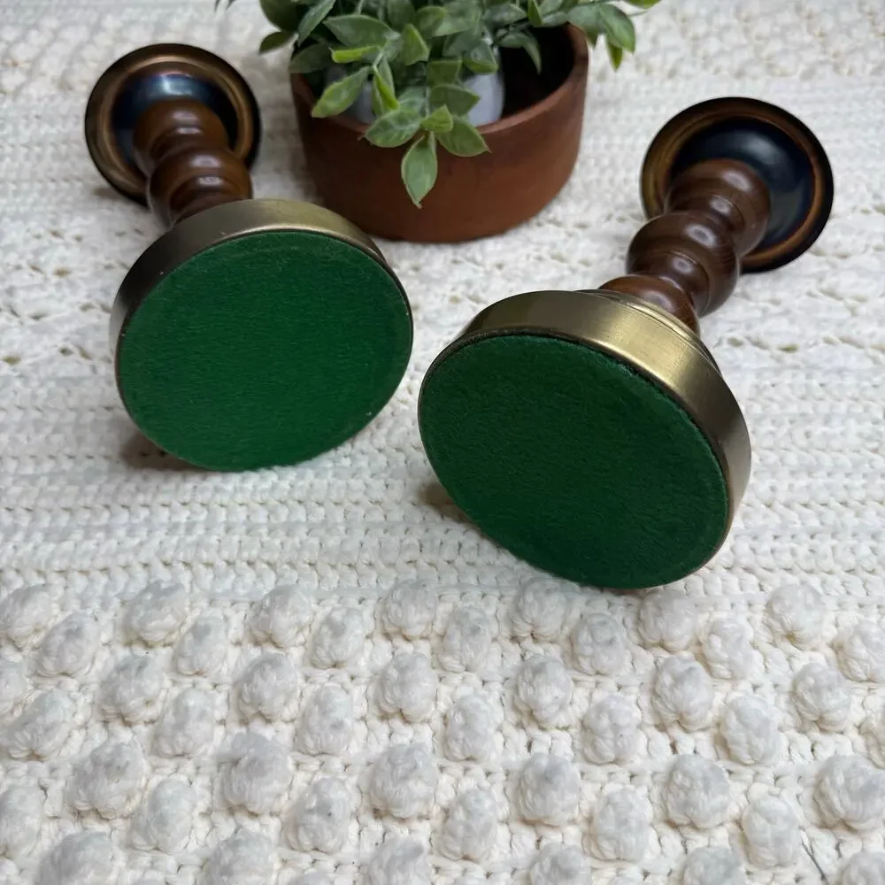 Vintage Mid Century Brass and Wood Candlestick Holders Set of Two Heavy